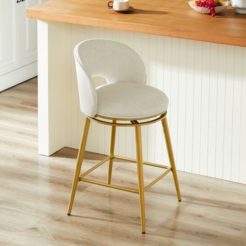 Tabouret De Bar Pivotant, Rotation 360, Avec Repose Pieds, Tissu Chenille, Beige+doré