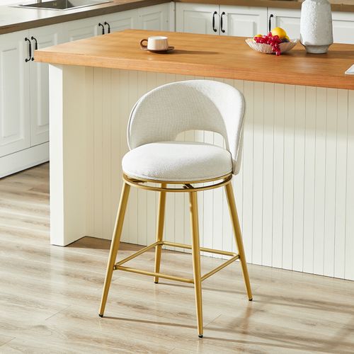 Tabouret De Bar Pivotant, Rotation 360, Avec Repose Pieds, Tissu Chenille, Beige+doré