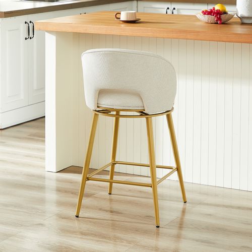 Tabouret De Bar Pivotant, Rotation 360, Avec Repose Pieds, Tissu Chenille, Beige+doré