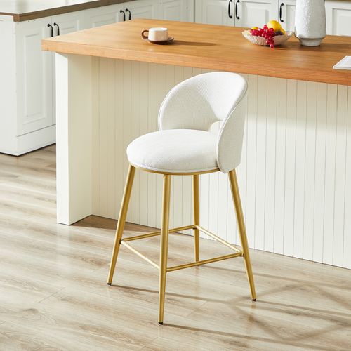 Tabouret De Bar, Hauteur D'assise 67 Cm, Dossier Ajouré Ergonomique, Tissu Chenille, Beige+doré