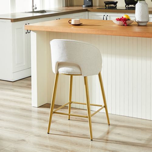 Tabouret De Bar, Hauteur D'assise 67 Cm, Dossier Ajouré Ergonomique, Tissu Chenille, Beige+doré
