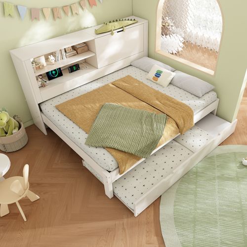 Lit Gigogne 140x190+90x190 Cm, Rangement Tête De Lit Avec USB, 2 Niches, Bois Mdf, Couleur Blanc