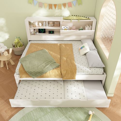 Lit Gigogne 140x190+90x190 Cm, Rangement Tête De Lit Avec USB, 2 Niches, Bois Mdf, Couleur Blanc