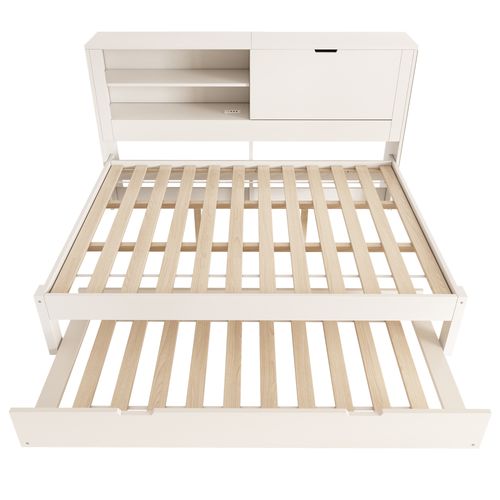 Lit Gigogne 140x190+90x190 Cm, Rangement Tête De Lit Avec USB, 2 Niches, Bois Mdf, Couleur Blanc