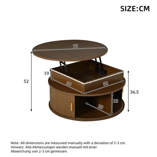 Table Basse Ronde 75x75x36.5-52 Cm, Hauteur Réglable Avec LED, Rangement, Mdf, Couleur Brun
