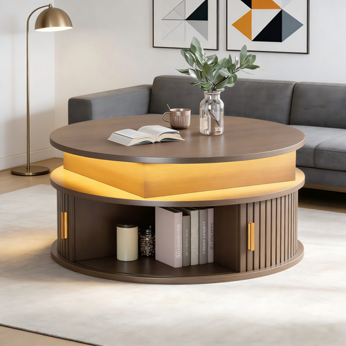 Table Basse Ronde 75x75x36.5-52 Cm, Hauteur Réglable Avec LED, Rangement, Mdf, Couleur Brun