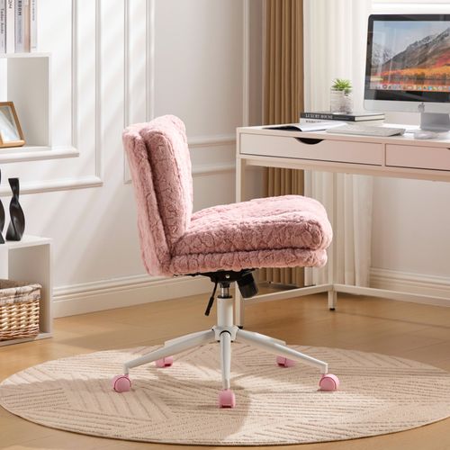 Fauteuil De Bureau Assise 67x44.5x89 Cm, Double Coussin, Fausse Fourrure, Rose