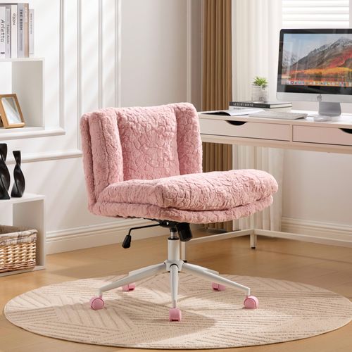 Fauteuil De Bureau Assise 67x44.5x89 Cm, Double Coussin, Fausse Fourrure, Rose