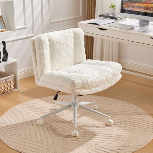 Fauteuil De Bureau Assise 67x44.5x89 Cm, Double Coussin, Fausse Fourrure, Blanc