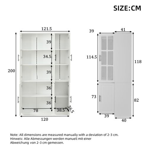 Vitrine Haut De Rangement 121,5x41x200 Cm, 6 Portes Avec LED, Mdf Et Verre, Couleur Blanc