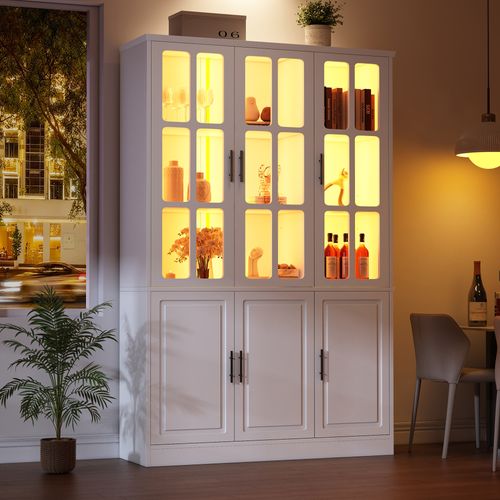 Vitrine Haut De Rangement 121,5x41x200 Cm, 6 Portes Avec LED, Mdf Et Verre, Couleur Blanc