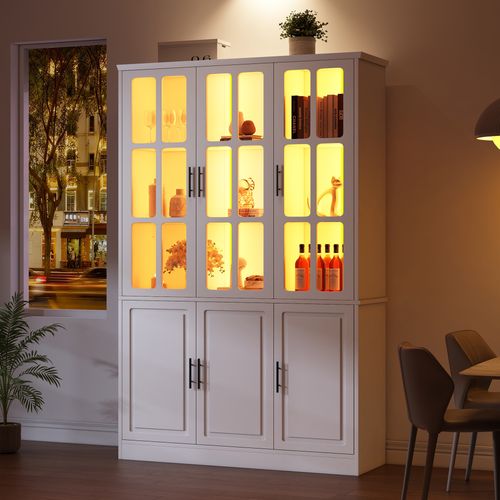 Vitrine Haut De Rangement 121,5x41x200 Cm, 6 Portes Avec LED, Mdf Et Verre, Couleur Blanc