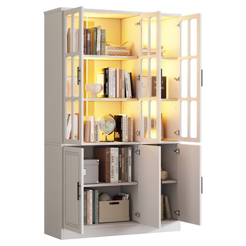 Vitrine Haut De Rangement 121,5x41x200 Cm, 6 Portes Avec LED, Mdf Et Verre, Couleur Blanc