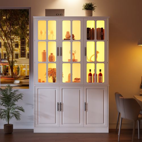 Vitrine Haut De Rangement 121,5x41x200 Cm, 6 Portes Avec LED, Mdf Et Verre, Couleur Blanc