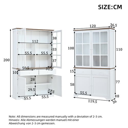 Vitrine 120x36,5x200 Cm, 4 Portes, 2 Tiroirs, LED, Mdf Et Verre, Couleur Blanc+brun