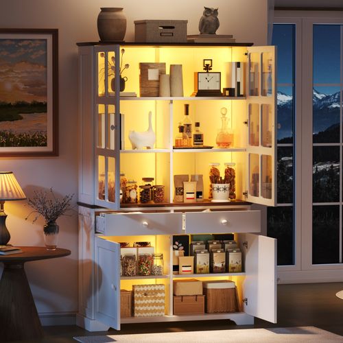 Vitrine 120x36,5x200 Cm, 4 Portes, 2 Tiroirs, LED, Mdf Et Verre, Couleur Blanc+brun