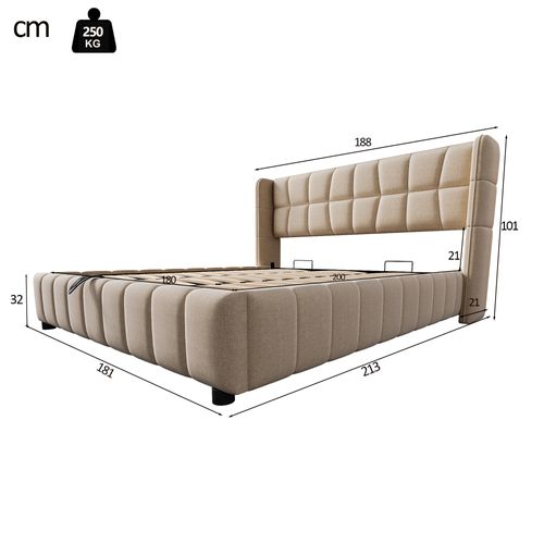 Lit Coffre 180x200 Cm, Lit Double, Rangement Caché Sous Lit, Cadre Métal, Tissu Aspect Lin, Beige