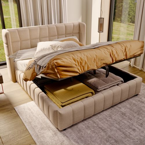 Lit Coffre 180x200 Cm, Lit Double, Rangement Caché Sous Lit, Cadre Métal, Tissu Aspect Lin, Beige