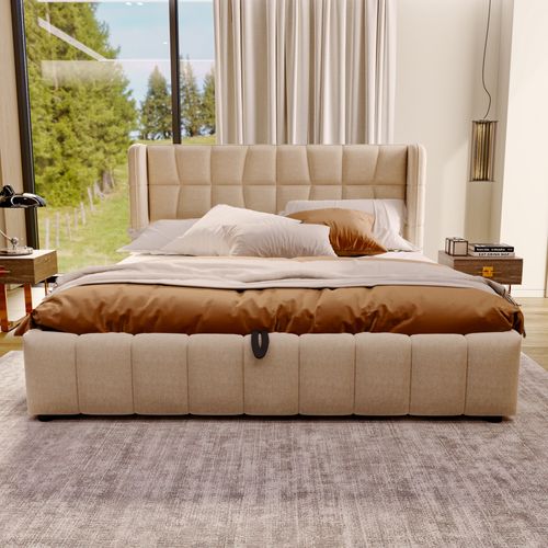 Lit Coffre 180x200 Cm, Lit Double, Rangement Caché Sous Lit, Cadre Métal, Tissu Aspect Lin, Beige