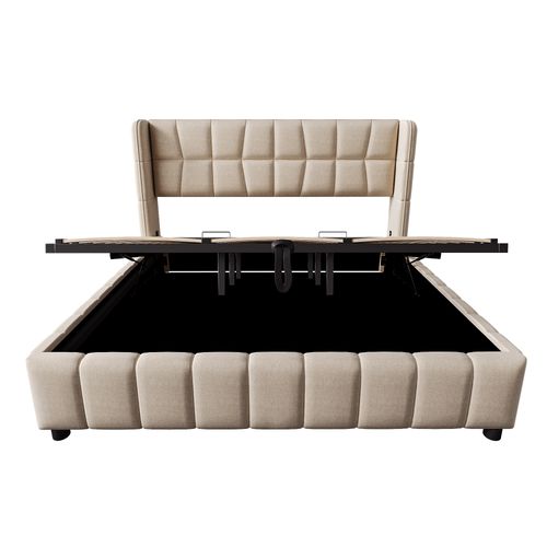 Lit Coffre 180x200 Cm, Lit Double, Rangement Caché Sous Lit, Cadre Métal, Tissu Aspect Lin, Beige