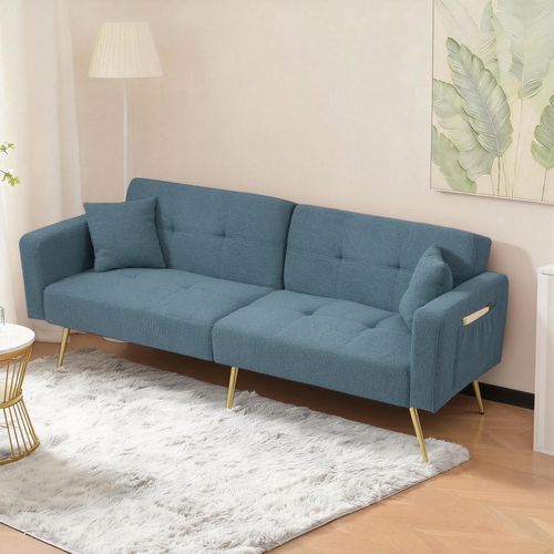 Canapé Convertible 175x64x72 Cm, Dossier Réglable, Poches Latérales, Bois, Tissu Sherpa, Bleu+doré