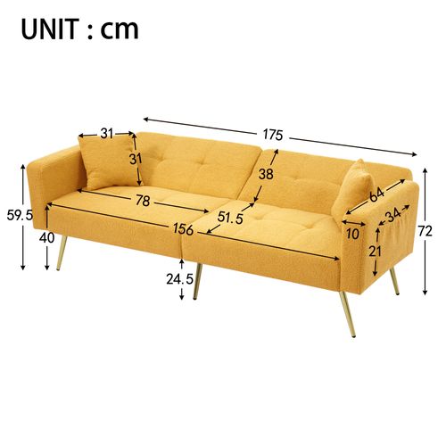 Canapé Convertible 175x64x72 Cm, Dossier Réglable, Tissu Sherpa, Pieds Dorés, Jaune+doré