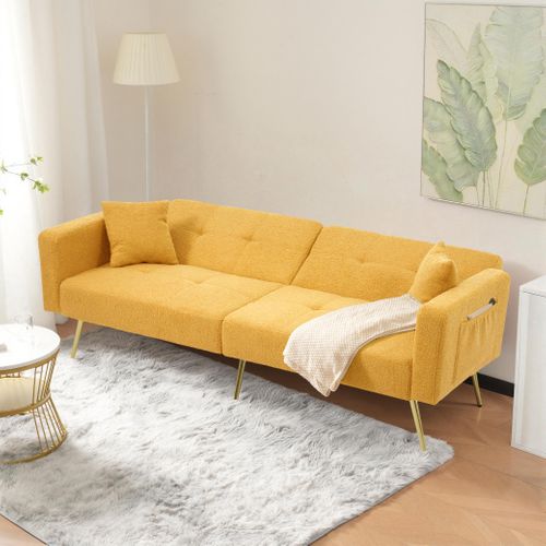 Canapé Convertible 175x64x72 Cm, Dossier Réglable, Tissu Sherpa, Pieds Dorés, Jaune+doré