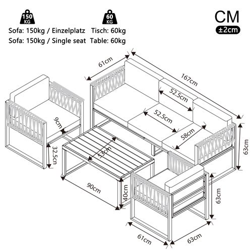 Salon De Jardin 5 Places, 167x61x63 Cm, Pieds Réglables, Métal Galvanisé, Tissu, Gris