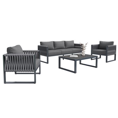 Salon De Jardin 5 Places, 167x61x63 Cm, Pieds Réglables, Métal Galvanisé, Tissu, Gris