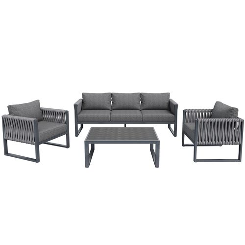 Salon De Jardin 5 Places, 167x61x63 Cm, Pieds Réglables, Métal Galvanisé, Tissu, Gris