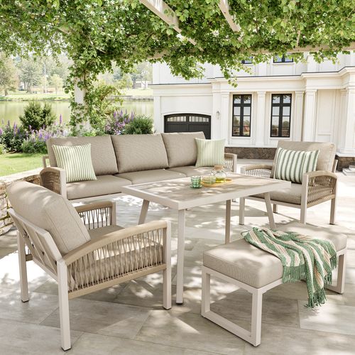 Salon De Jardin 7 Places, Ensemble Canapé Fauteuils Banc Table, Acier Et Verre, Beige+bois