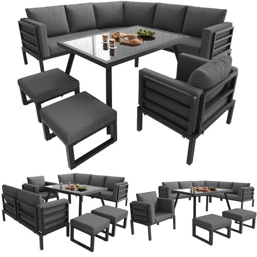 Salon De Jardin 8 Places, 3 Canapés, 1 Fauteuil, 2 Poufs, 1 Table, Acier, Tissu, Gris