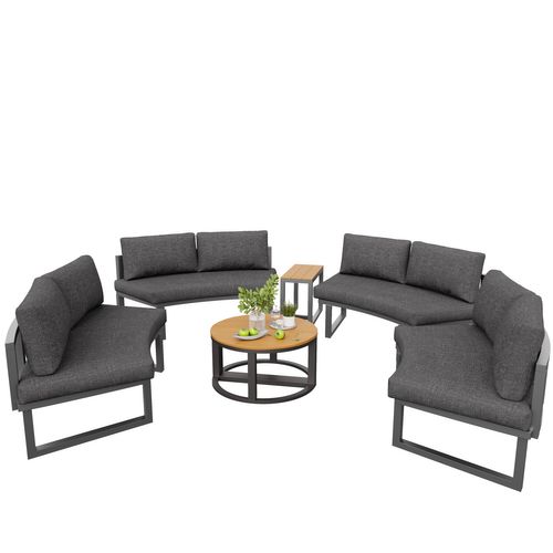 Salon De Jardin Modulable 8 Places, 4 Canapés 2 Places, Métal, Gris, Coussins Amovibles Lavables