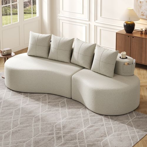 Canapé 240x68x63 Cm, 4 Coussins, Porte Gobelets Et Poches Latérales, Tissu Lin, Couleur Beige