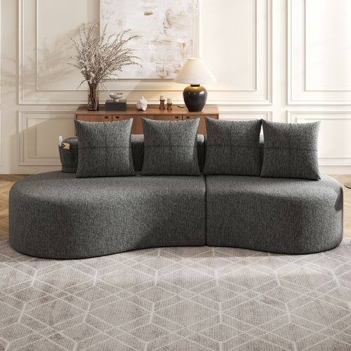 Canapé 240x68x63 Cm, Porte Gobelets, Poches Latérales, Tissu Lin, Mousse, Couleur Gris Foncé