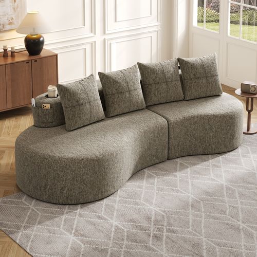 Canapé 240x68x63 Cm, Porte Gobelets Et Poches Latérales, Lin, Mousse, Couleur Kaki