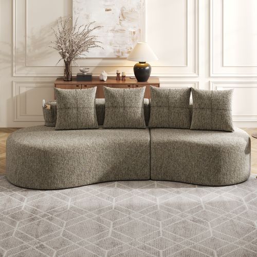 Canapé 240x68x63 Cm, Porte Gobelets Et Poches Latérales, Lin, Mousse, Couleur Kaki