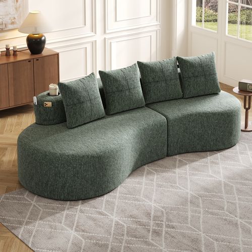 Canapé 240x68x63 Cm, 4 Coussins Et Porte Gobelets, Poches Latérales, Tissu Lin, Couleur Vert