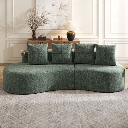 Canapé 240x68x63 Cm, 4 Coussins Et Porte Gobelets, Poches Latérales, Tissu Lin, Couleur Vert