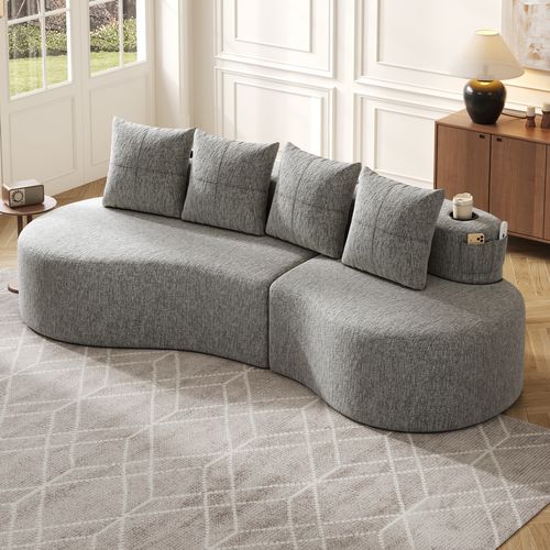 Canapé 240x68x63 Cm, 4 Coussins, Porte Gobelets Et Poches Latérales, Tissu Lin, Gris Clair