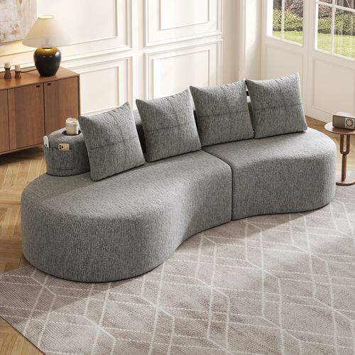 Canapé 240x68x63 Cm, 4 Coussins, Porte Gobelets Et Poches Latérales, Tissu Lin, Gris Clair