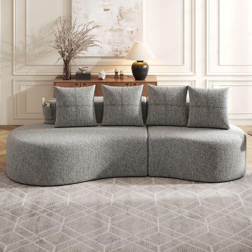 Canapé 240x68x63 Cm, 4 Coussins, Porte Gobelets Et Poches Latérales, Tissu Lin, Gris Clair