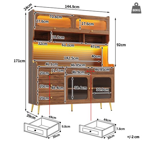 Buffet Haut De Cuisine 144.9x39x171 Cm, Porte Abattante Avec LED Rgb, Mdf, Verre+métal, Brun