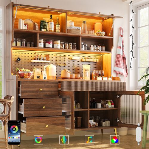 Buffet Haut De Cuisine 144.9x39x171 Cm, Porte Abattante Avec LED Rgb, Mdf, Verre+métal, Brun