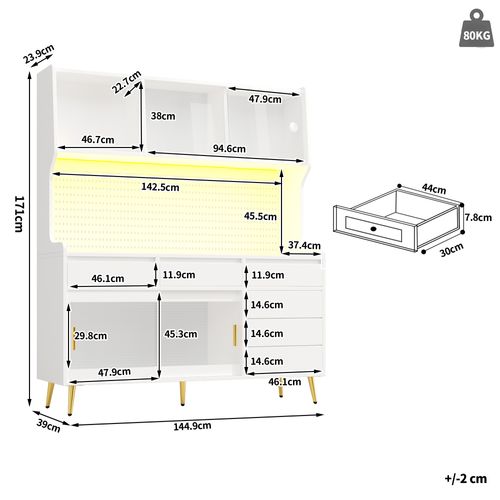 Buffet De Cuisine 144.9x39x171 Cm, 6 Tiroirs, 4 Portes Coulissantes, LED, Mdf Et Verre, Blanc