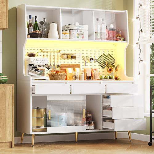 Buffet De Cuisine 144.9x39x171 Cm, 6 Tiroirs, 4 Portes Coulissantes, LED, Mdf Et Verre, Blanc