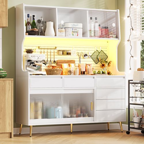Buffet De Cuisine 144.9x39x171 Cm, 6 Tiroirs, 4 Portes Coulissantes, LED, Mdf Et Verre, Blanc