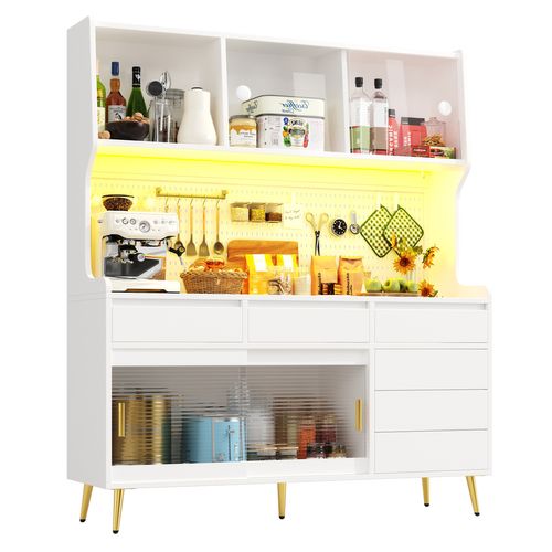 Buffet De Cuisine 144.9x39x171 Cm, 6 Tiroirs, 4 Portes Coulissantes, LED, Mdf Et Verre, Blanc