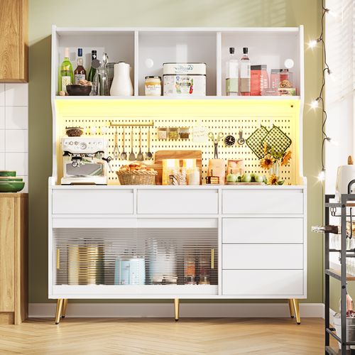 Buffet De Cuisine 144.9x39x171 Cm, 6 Tiroirs, 4 Portes Coulissantes, LED, Mdf Et Verre, Blanc