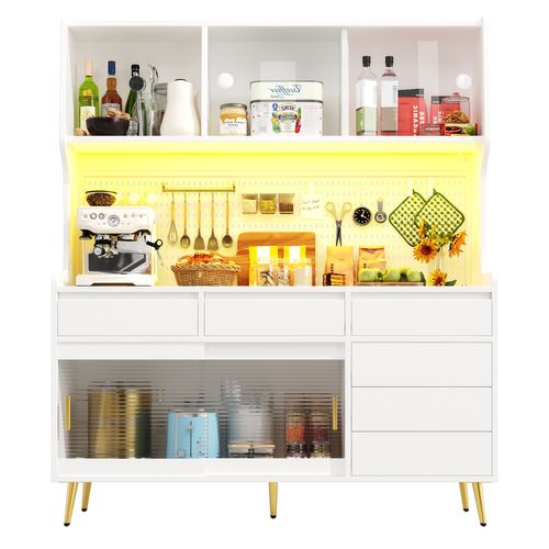 Buffet De Cuisine 144.9x39x171 Cm, 6 Tiroirs, 4 Portes Coulissantes, LED, Mdf Et Verre, Blanc